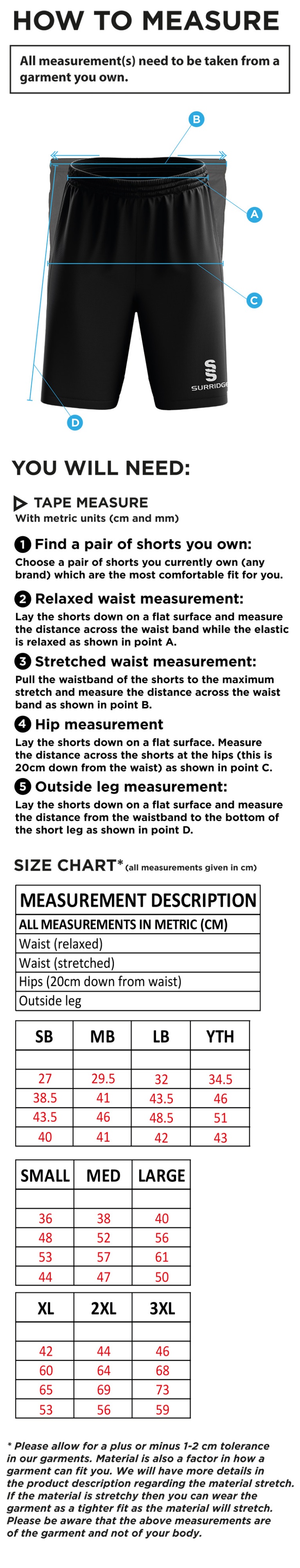 Purley CC - Ripstop Pocketed Shorts - Size Guide