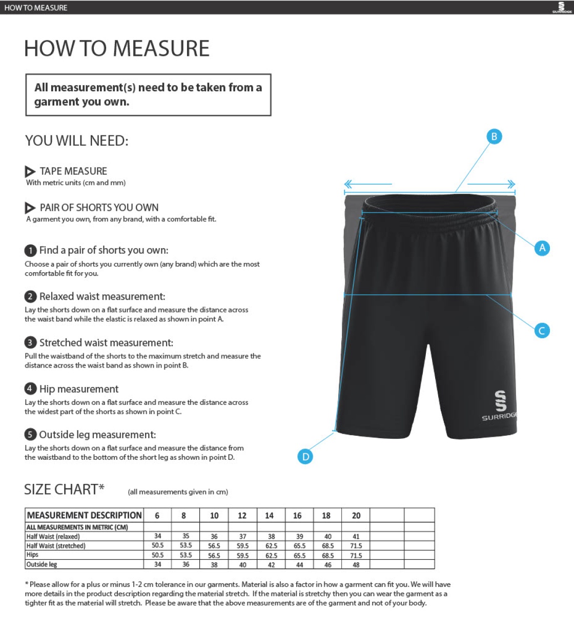 Purley CC - Women's Ripstop Pocketed Shorts - Size Guide
