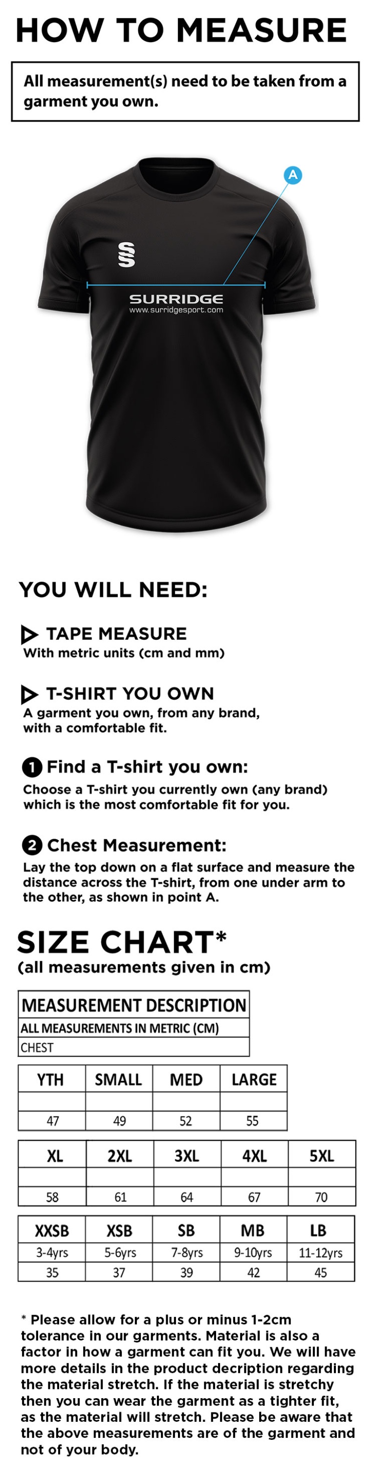 Purley CC - Dual Games Shirt - Size Guide