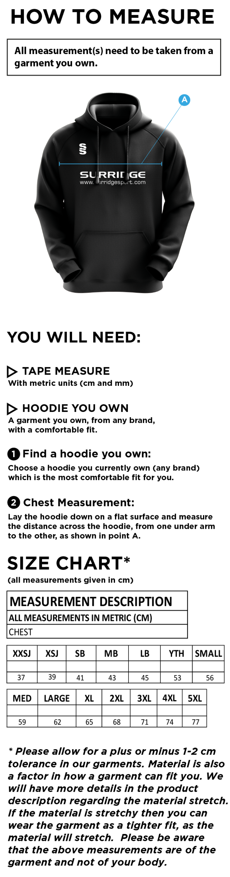 Purley CC - Fuse Hoody - Size Guide