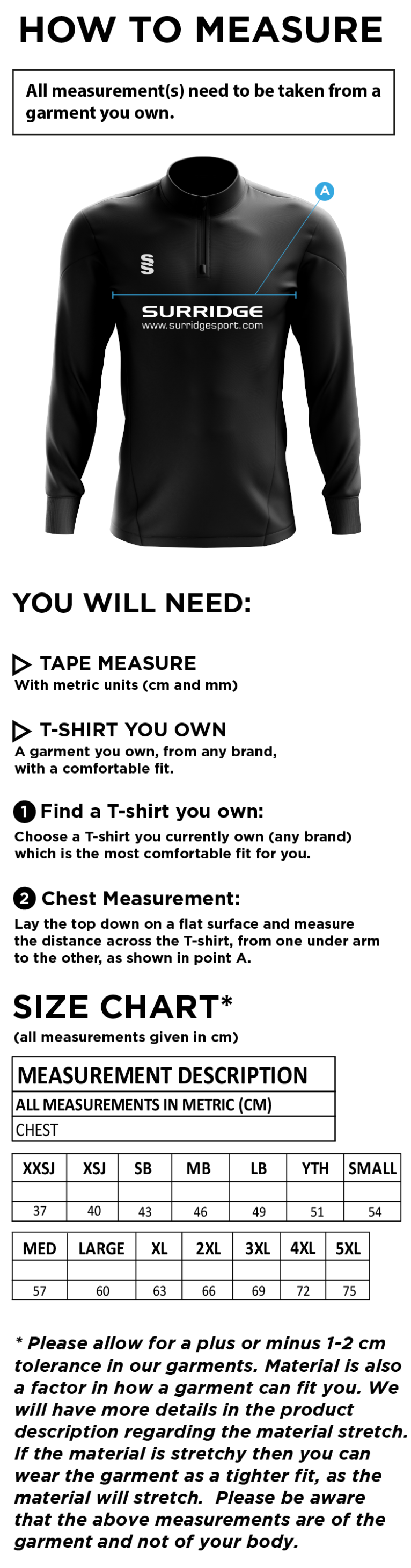 Purley CC - Blade Performance Top - Size Guide