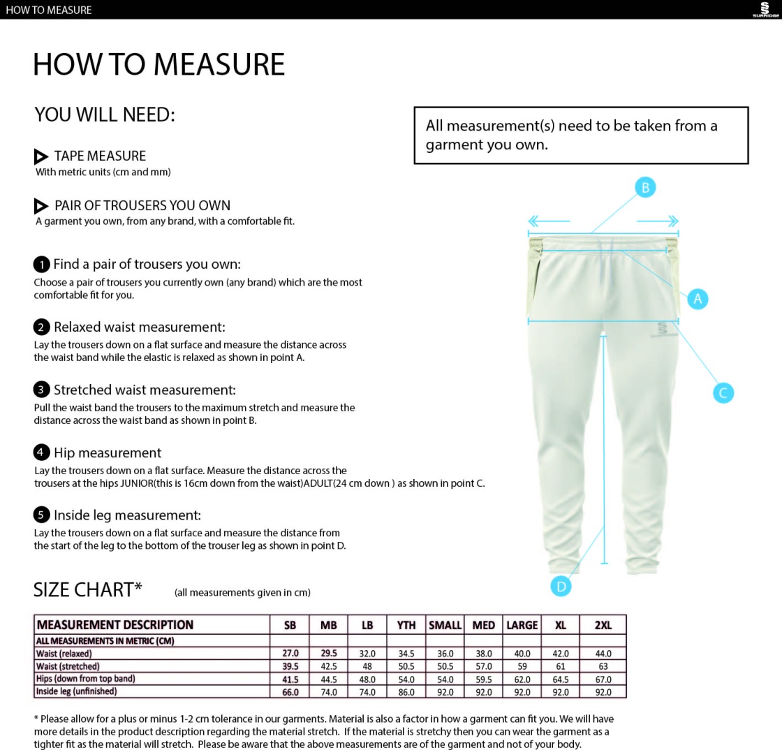 Purley CC - Tek Playing Pant - Size Guide