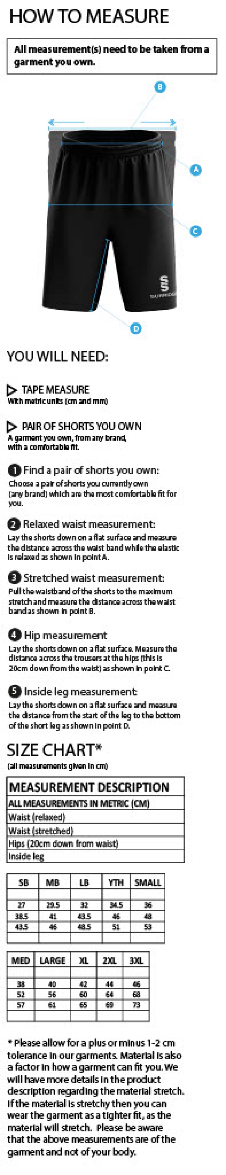 Purley CC - Women's Ripstop Pocketed Shorts - Size Guide