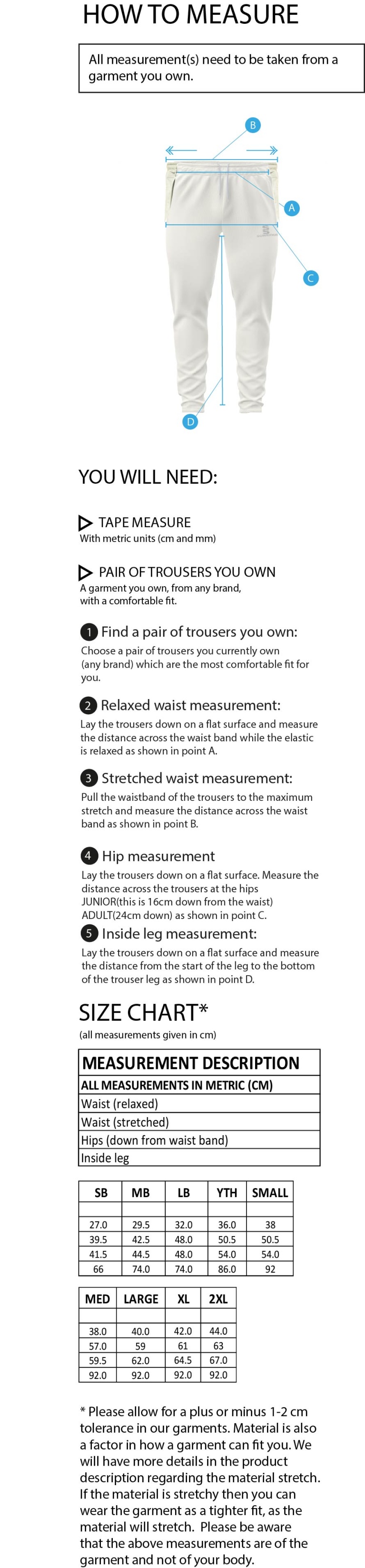 Purley CC - Tek Playing Pant - Size Guide