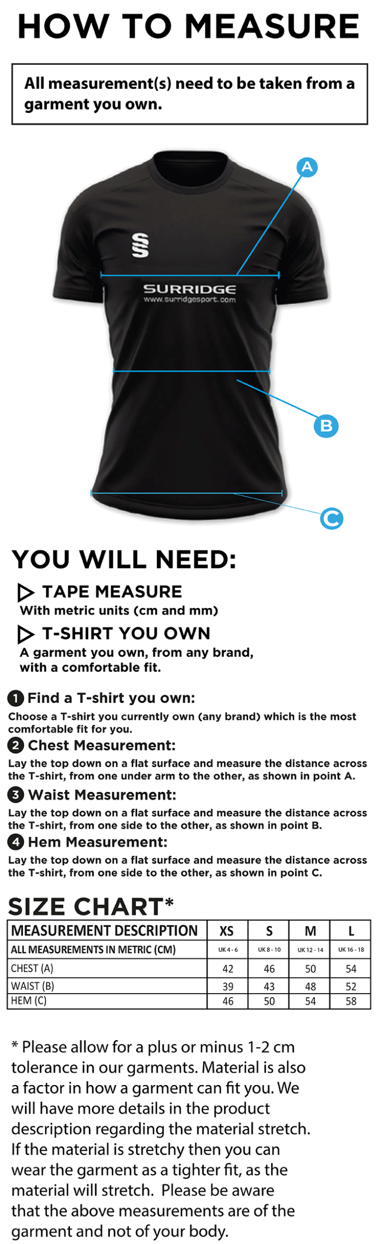 Purley CC - Women's Dual Games Shirt - Size Guide