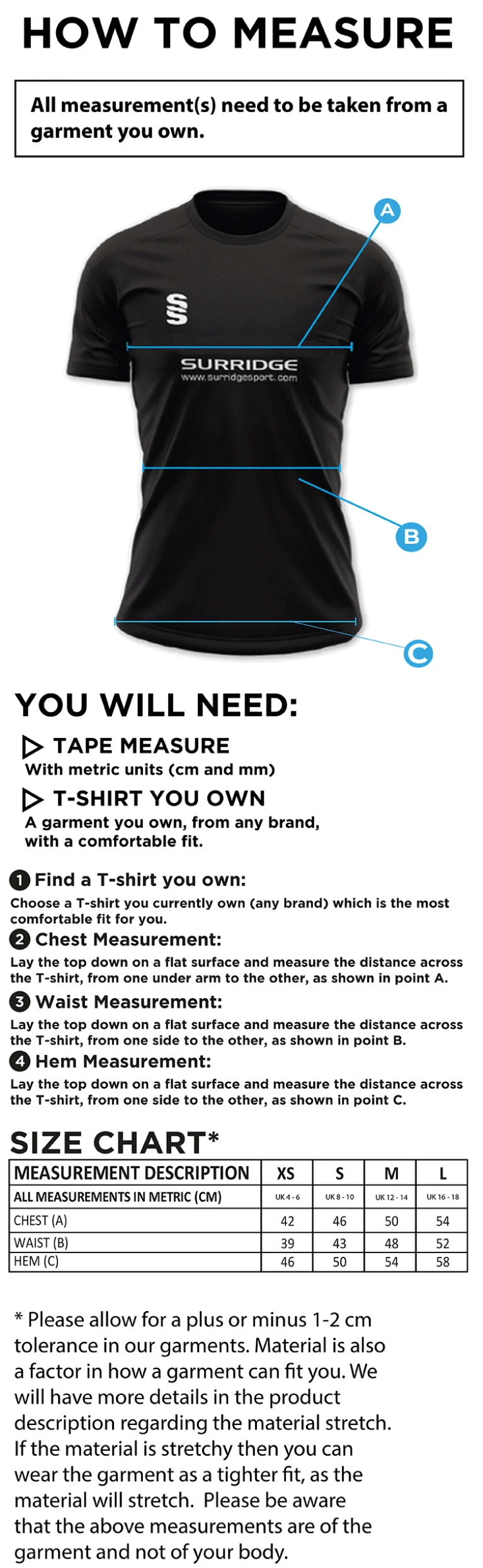 Purley CC - Women's Dual Games Shirt - Size Guide