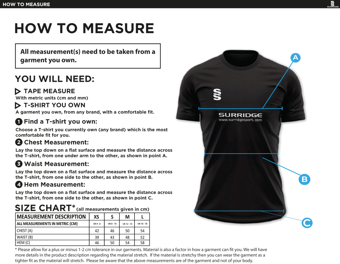 Purley CC - Women's Dual Games Shirt - Size Guide
